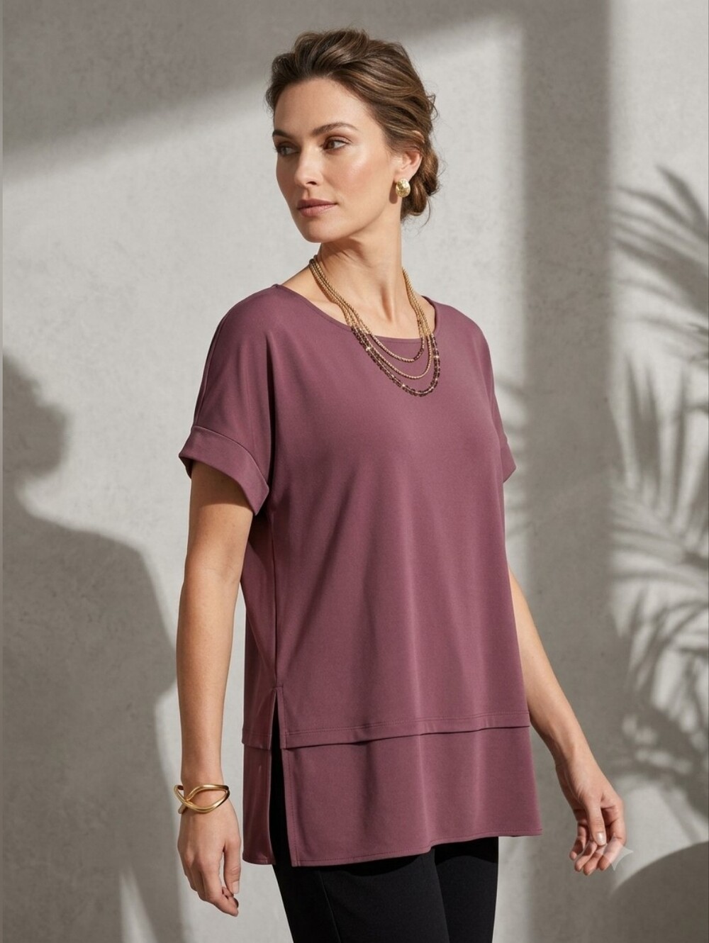 Calvin Klein Mauve Rose Layered Hem Casual Minimalist Short Sleeve Blouse Top M